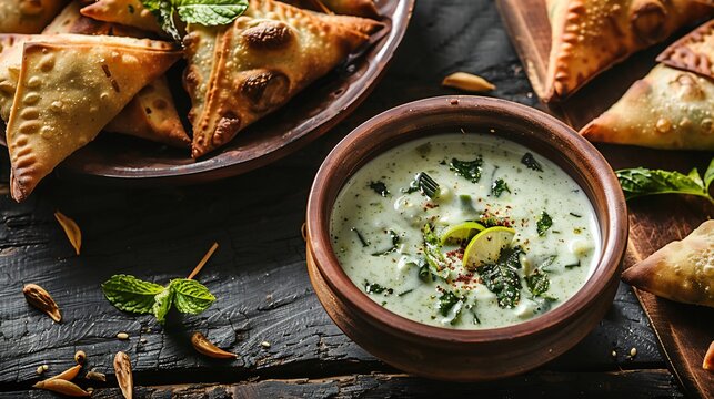 Spiced yogurt raita dip a traditional clay bowl infused with cumin and mint served with crispy samosas