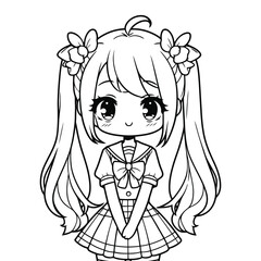 Cute Anime Schoolgirl with Twin Tails and Ribbon Outfit – Hand Drawn Manga Style Coloring Page for Kids and Teens