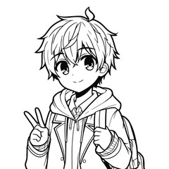 Anime Boy with Peace Sign Coloring Page, Cute Manga Character with Backpack for Kids, Printable Activity Sheet with Detailed Line Art, Smiling Young Student in School Uniform, Easy Coloring Page
