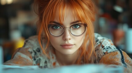 A young individual with vibrant red hair and glasses focused on reading or studying in a cozy