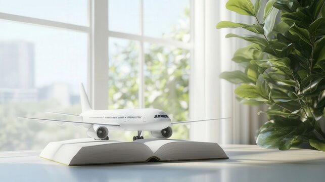 A hyper-realistic 3D render of a plane model on a book and plant, set against a window background. Captures a travel theme with ample copy space.