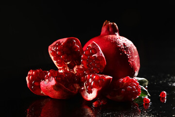 Pieces of tasty ripe pomegranate on black background, closeup