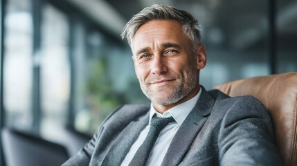 Naklejka premium A distinguished, grey-haired businessman in a suit smiling confidently at the camera.