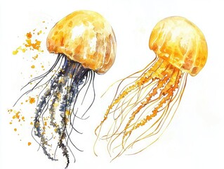 Fototapeta premium Watercolor illustration of two jellyfish, with a light yellow bell and dark-colored tentacles. Splashes of color around jellyfish