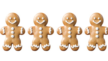 Four smiling gingerbread men in a row festive Christmas treats sweet holiday baking