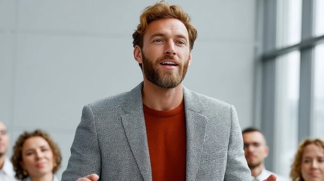A handsome man with a beard is giving a presentation, engaging his audience confidently. - Powered by Adobe