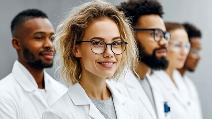 Fototapeta premium A confident team of scientists smiling, ready for research in their lab coats.