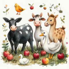 Naklejka premium Whimsical Farm Scene Watercolor with Cow Duck Goose Donkey Surrounded by Apples Grass for Childrens Decor Education