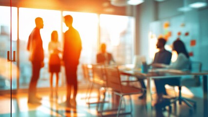 Blurred people silhouettes working in office at sunset, deal negotiation, teamwork brainstorming, business strategy - Powered by Adobe