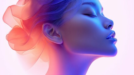 A serene portrait featuring a woman with closed eyes, bathed in soft, colorful light.