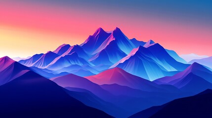 A digital painting of mountain ranges with a colorful sunset and a vibrant color palette