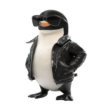 The image showcases a cool cartoon penguin, in a leather jacket and sunglasses.