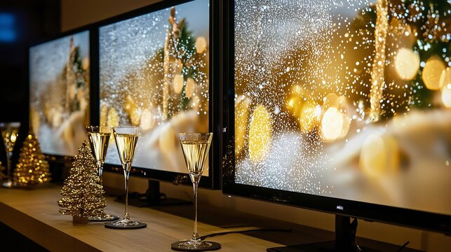 Exclusive business Christmas party invitation digital screens displaying festive gold white decor