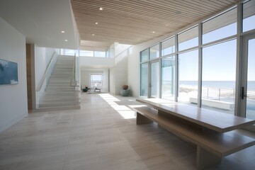 Fototapeta premium Modern home interior with large windows, staircase, and table near the ocean view in bright light