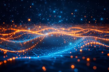 Obraz premium Abstract glowing particles forming wavy surface on dark background