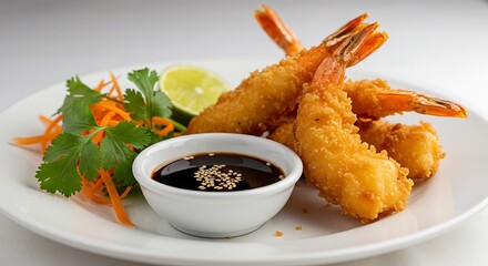 Golden Fried Shrimp Tempura with Soy Dipping Sauce and Fresh Garnish
