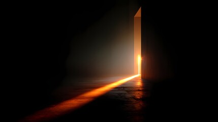 Mysterious door open into bright light illuminating the dark room, creating a sense of curiosity and uncertainty.