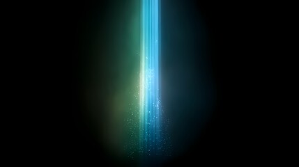 Abstract digital artwork featuring a gradient of blue and green luminous lines with blurred, sparkling lights against a black background.