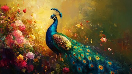 Fototapeta premium An artistic rendering of a peacock amidst a colorful array of flowers in a painterly style