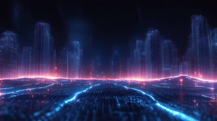 Fototapeta premium Futuristic Cyberpunk Digital Landscape Abstract Art with Neon Blue Grid Lines and Minimalist Design