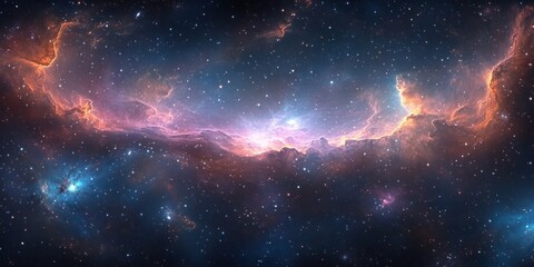 Naklejka premium Impressionistic Cosmic Panorama with Swirling Galaxies and Nebulae in Vibrant Colors and Starlight