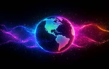 Fototapeta premium Earth with radiant neon lines, global communication network connecting continents, digital future design, AIgenerated, vibrant connection theme