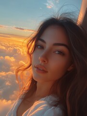 Fototapeta premium Young woman enjoying sunset view from airplane window