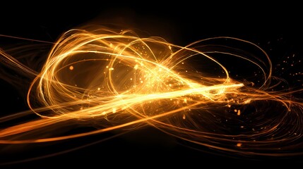 Golden streaks of light intertwine against a dark background, creating a mesmerizing effect of movement and energy, like abstract trails.