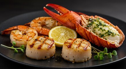 Delicate Seafood Symphony: A Luxurious Presentation of Grilled Scallops and Lobster Tail