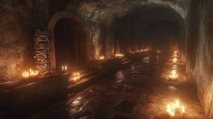 Mysterious Underground Tunnel Illuminated by Candles Ancient Crypt Atmosphere Gothic Architec