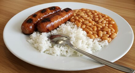 Classic Comfort: A Plate of Sausages, Baked Beans, and Rice Ready to be Served