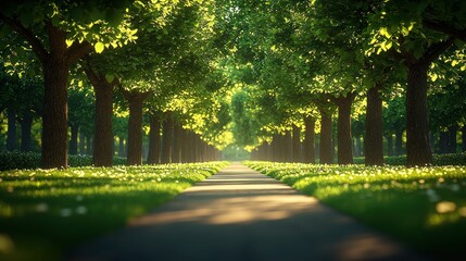 Obraz premium Sunlight-drenched path through a verdant tree-lined avenue