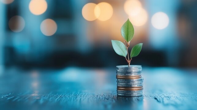 Unique plant growing out of coins symbolizing asset allocation strategies and financial growth in a creative way