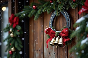 A festive horseshoe adorned with bells hangs on a rustic wooden door, decorated with green pine branches and red ribbons. Snow gently falls in the background, creating a cozy winter scene