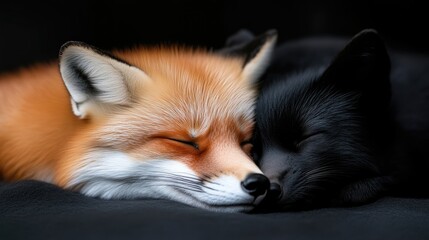 Obraz premium Two foxes cuddling, sleeping peacefully