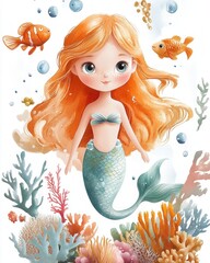 Cute Mermaid Watercolor Illustration with Sea Creatures Coral and Underwater Life for Baby Shower Nursery Invitations and Birthday Party