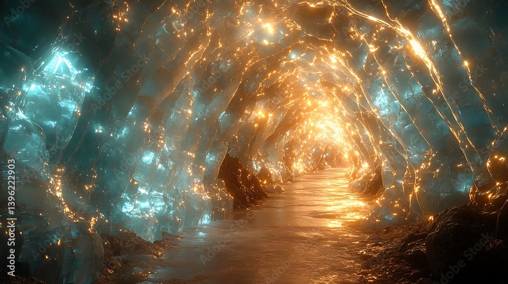 Sticker an endless cavern of glowing, translucent ice structures, refracting soft prismatic light in every d