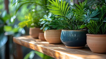 Fototapeta premium Sunlit indoor plants on wooden shelf