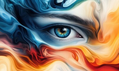 An intense blue eye gazes out from a canvas of swirling abstract colors, drawing the viewer in.