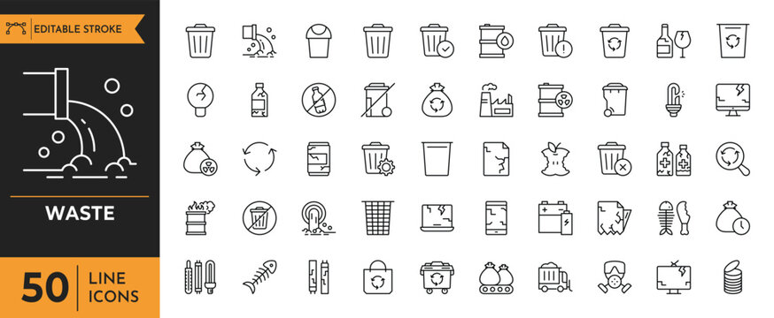 waste icon set. Containing recycling, litter, trash, pollution, landfill, waste management, composting, waste sorting and more. vector illustration