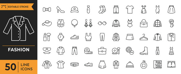 fashion icon set. Containing clothes, accessories, dress, sewing, fabric, shoes and beauty icons. vector illustration