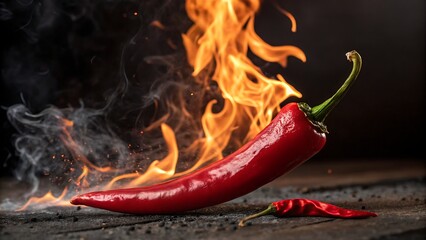 A vibrant red chili pepper surrounded by flames and smoke on a dark wooden surface background scene