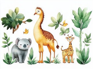 Watercolor Illustration of African Safari Animals including Cheetah, Ostrich, and Rhinoceros with Tropical Plants