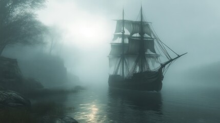 Mysterious sailing ship in foggy waters