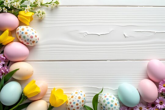 Easter 2025 Spring Decor Flatlay with Colorful Eggs and Yellow Blossoms