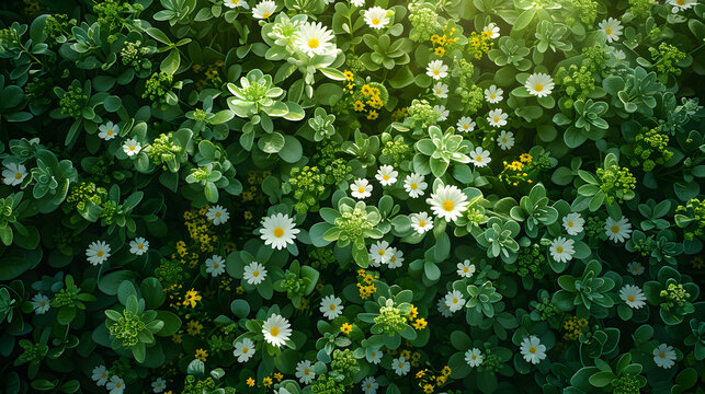 Overhead view of a lush garden filled with daisies and succulent plants in bright sunlight - A high-quality image ideal for desktop wallpapers, website backgrounds, or social media headers.