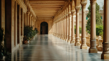 Fototapeta premium Sunlight-Filled Stone Corridor With Columns