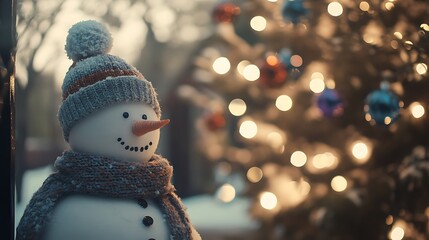 A cheerful snowman adorned with a knitted hat and scarf stands against a softly lit backdrop of a decorated Christmas tree, evoking a warm holiday atmosphere