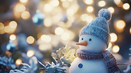 Snowman wearing a knitted hat and scarf with a blurred background of glowing Christmas lights and festive decorations at night