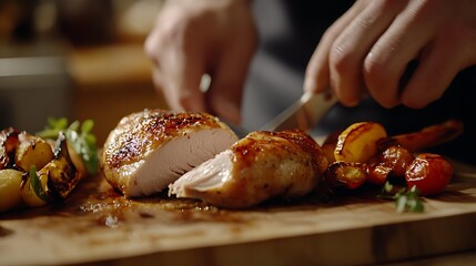 Culinary scene featuring a chef slicing a roasted chicken breast on a wooden cutting board, surrounded by vibrant roasted vegetables including cherry tomatoes and asparagus